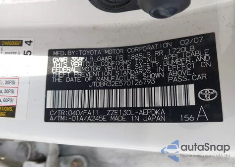 2007 Toyota Corolla Ce from USA, damaged, VIN JTDBR32E570126793